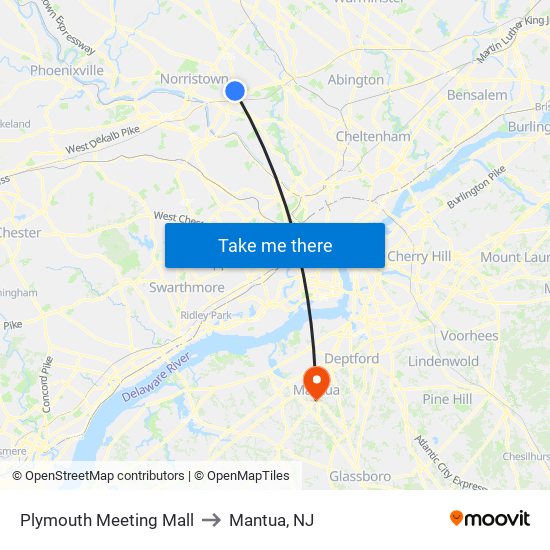 Plymouth Meeting Mall to Mantua, NJ map