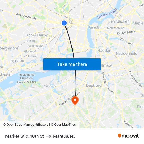 Market St & 40th St to Mantua, NJ map