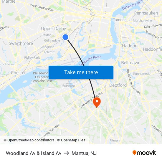 Woodland Av & Island Av to Mantua, NJ map