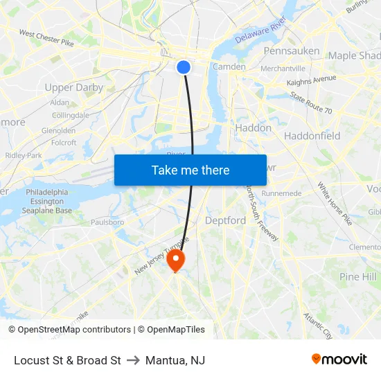 Locust St & Broad St to Mantua, NJ map