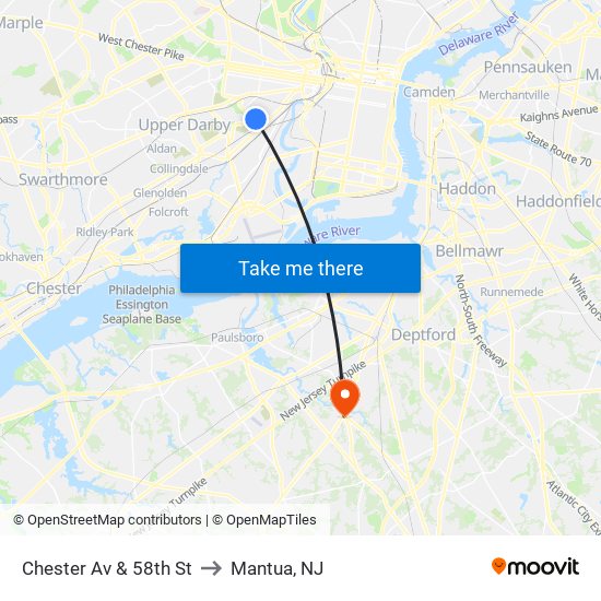 Chester Av & 58th St to Mantua, NJ map
