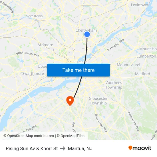 Rising Sun Av & Knorr St to Mantua, NJ map