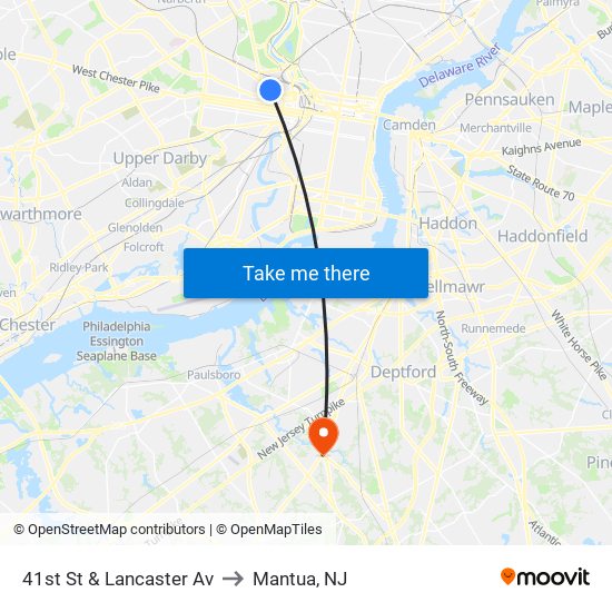 41st St & Lancaster Av to Mantua, NJ map