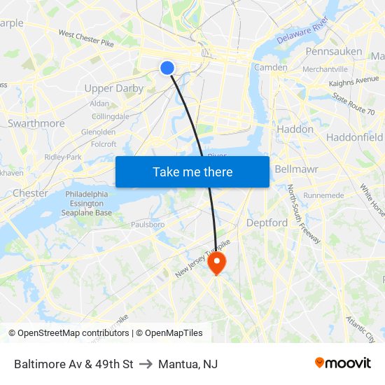 Baltimore Av & 49th St to Mantua, NJ map