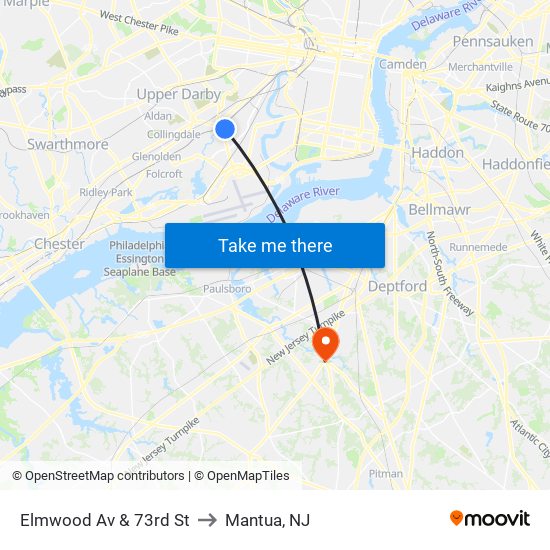 Elmwood Av & 73rd St to Mantua, NJ map