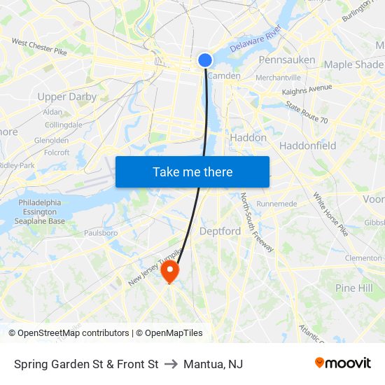Spring Garden St & Front St to Mantua, NJ map