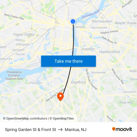 Spring Garden St & Front St to Mantua, NJ map