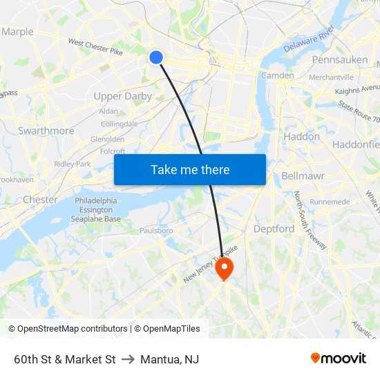 60th St & Market St to Mantua, NJ map