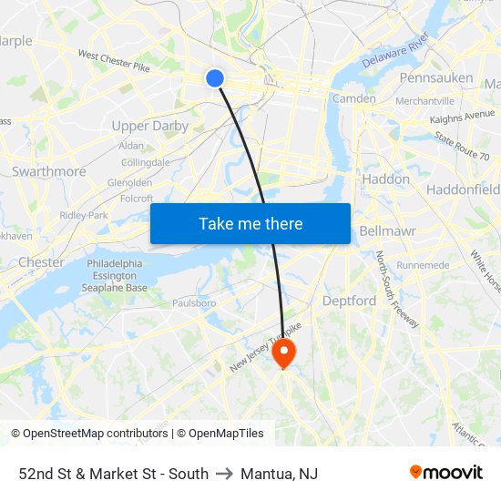 52nd St & Market St - South to Mantua, NJ map