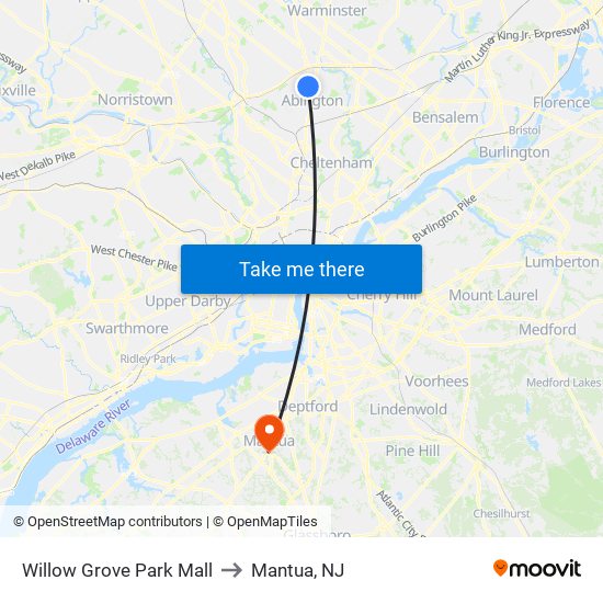 Willow Grove Park Mall to Mantua, NJ map