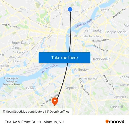 Erie Av & Front St to Mantua, NJ map