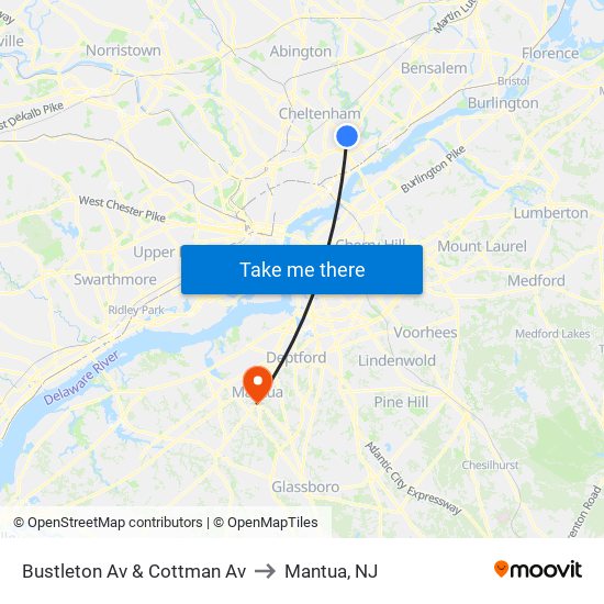 Bustleton Av & Cottman Av to Mantua, NJ map