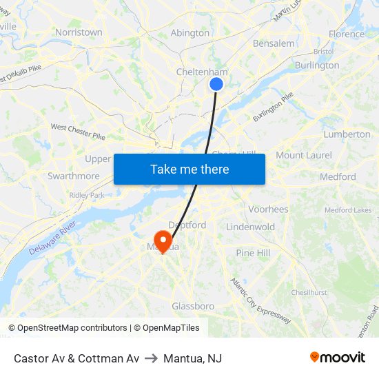 Castor Av & Cottman Av to Mantua, NJ map