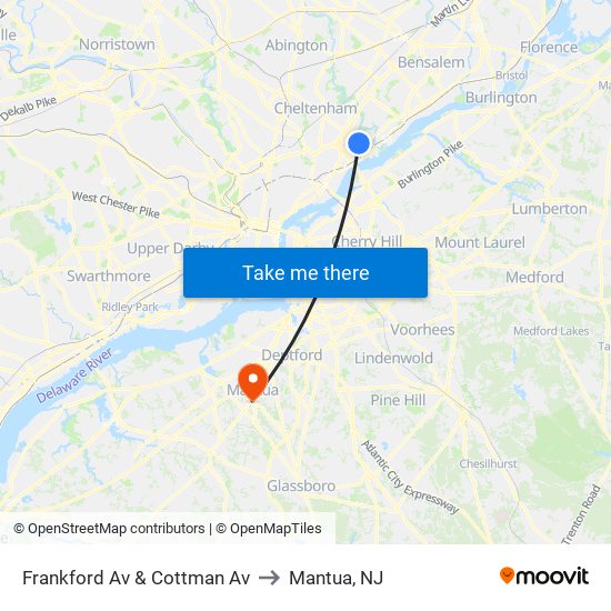 Frankford Av & Cottman Av to Mantua, NJ map