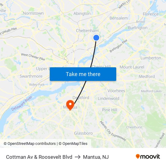 Cottman Av & Roosevelt Blvd to Mantua, NJ map