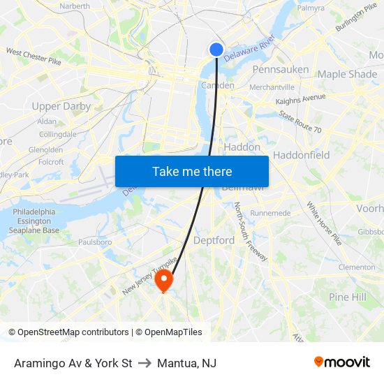 Aramingo Av & York St to Mantua, NJ map