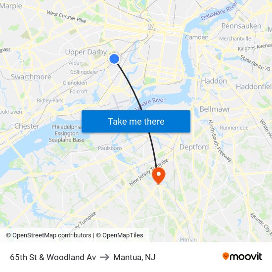 65th St & Woodland Av to Mantua, NJ map