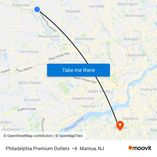 Philadelphia Premium Outlets to Mantua, NJ map