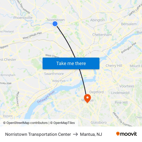 Norristown Transportation Center to Mantua, NJ map