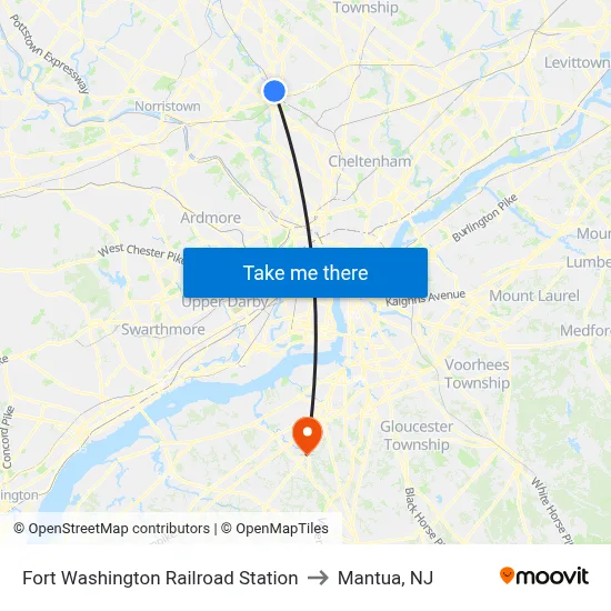 Fort Washington Railroad Station to Mantua, NJ map