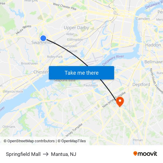 Springfield Mall to Mantua, NJ map