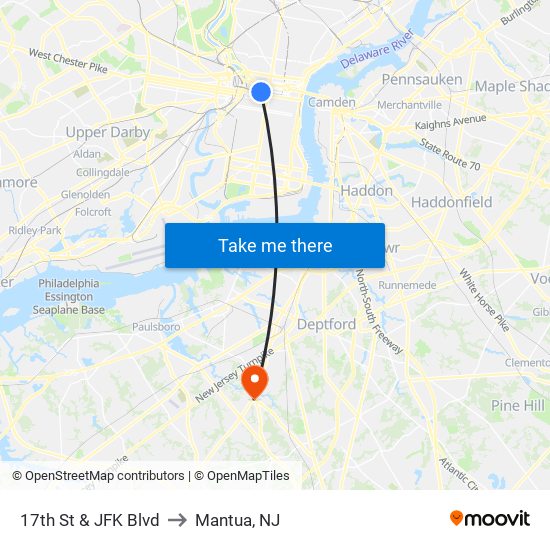 17th St & JFK Blvd to Mantua, NJ map