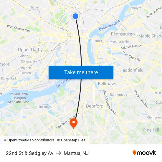 22nd St & Sedgley Av to Mantua, NJ map