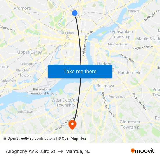 Allegheny Av & 23rd St to Mantua, NJ map