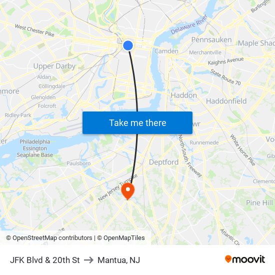 JFK Blvd & 20th St to Mantua, NJ map