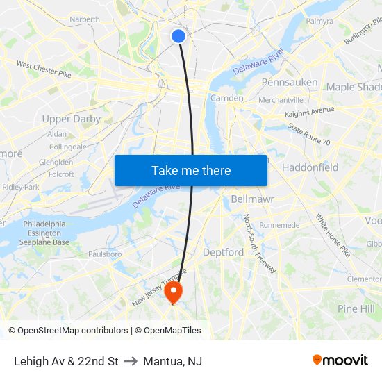 Lehigh Av & 22nd St to Mantua, NJ map