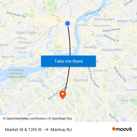 Market St & 12th St to Mantua, NJ map