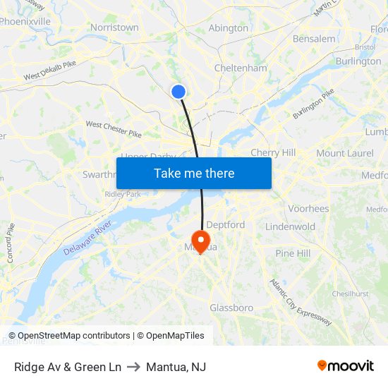 Ridge Av & Green Ln to Mantua, NJ map