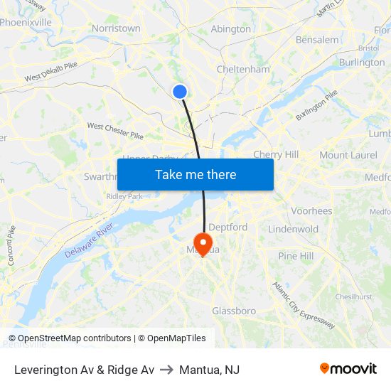 Leverington Av & Ridge Av to Mantua, NJ map