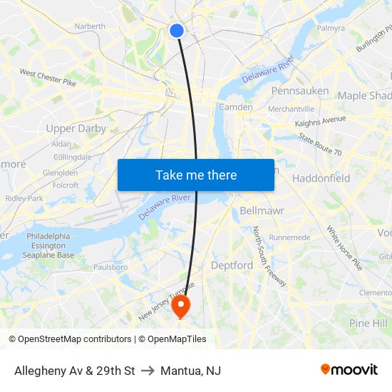 Allegheny Av & 29th St to Mantua, NJ map
