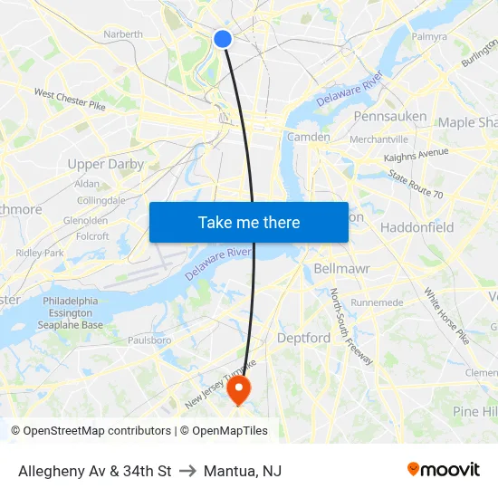 Allegheny Av & 34th St to Mantua, NJ map