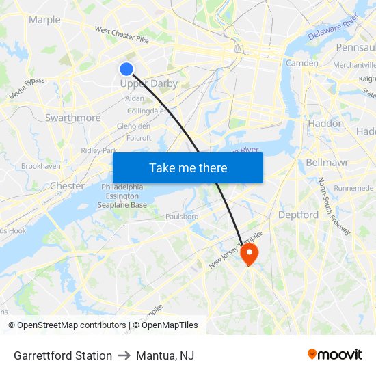 Garrettford Station to Mantua, NJ map