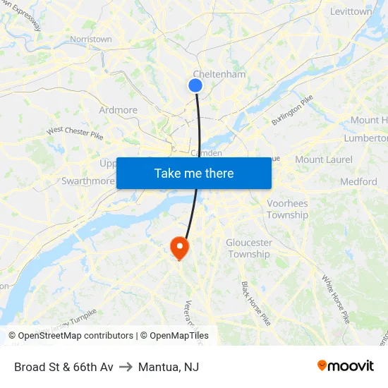 Broad St & 66th Av to Mantua, NJ map