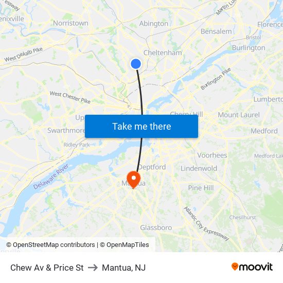 Chew Av & Price St to Mantua, NJ map