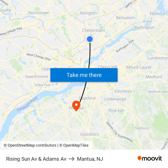 Rising Sun Av & Adams Av to Mantua, NJ map