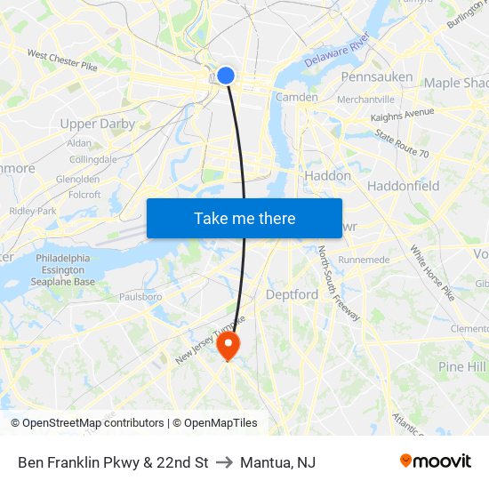 Ben Franklin Pkwy & 22nd St to Mantua, NJ map