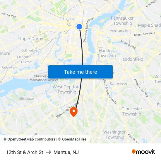 12th St & Arch St to Mantua, NJ map