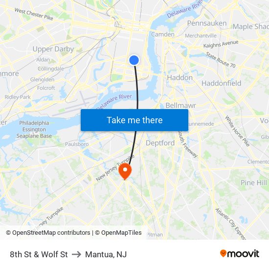 8th St & Wolf St to Mantua, NJ map