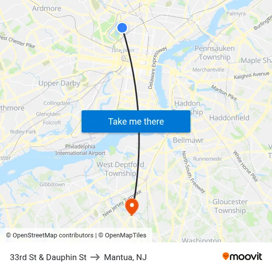 33rd St & Dauphin St to Mantua, NJ map