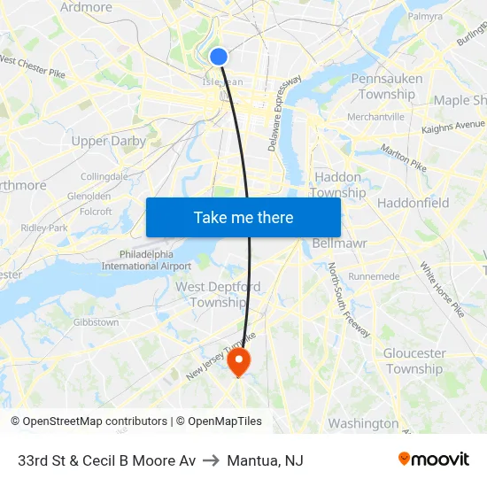 33rd St & Cecil B Moore Av to Mantua, NJ map