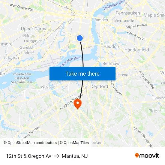 12th St & Oregon Av to Mantua, NJ map