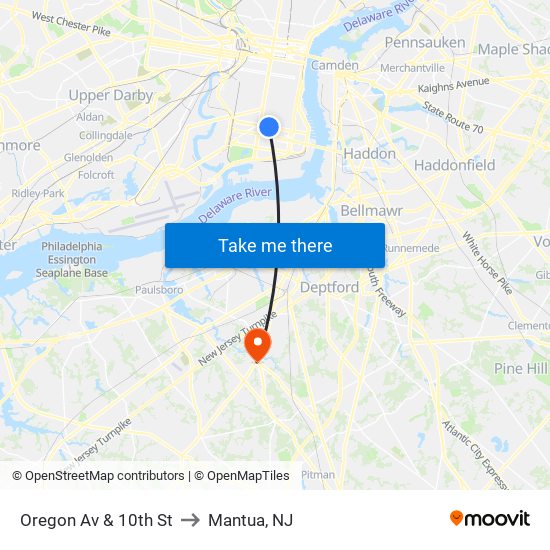 Oregon Av & 10th St to Mantua, NJ map