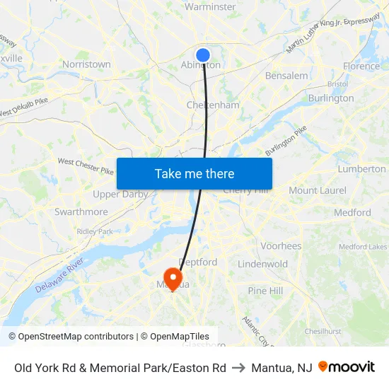 Old York Rd & Memorial Park/Easton Rd to Mantua, NJ map
