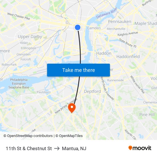 11th St & Chestnut St to Mantua, NJ map