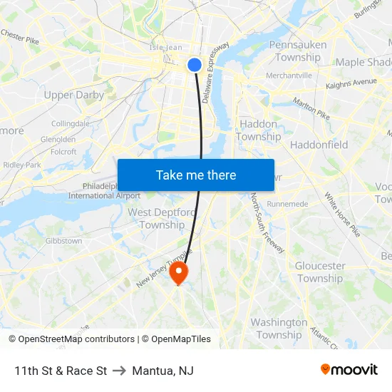 11th St & Race St to Mantua, NJ map