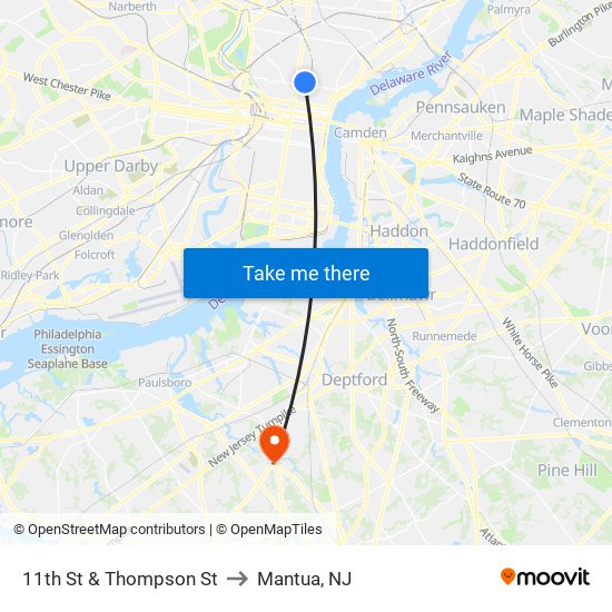 11th St & Thompson St to Mantua, NJ map